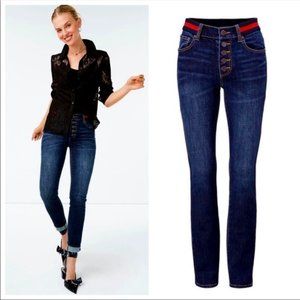 CAbi 3751 Button Fly Skinny High Rise Jeans Red Belted Dark Wash Size 10